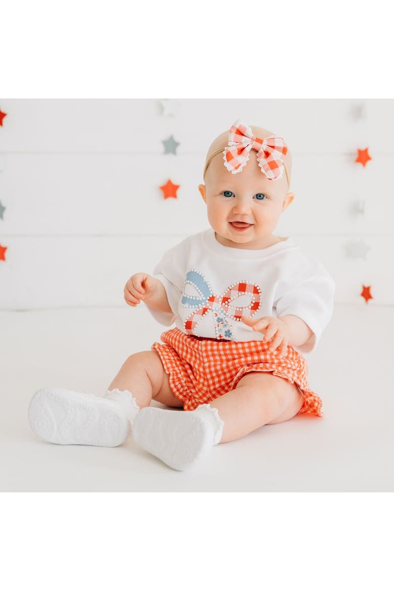 Patchwork Bow Patch Short Sleeve Romper, Alternate, color, White