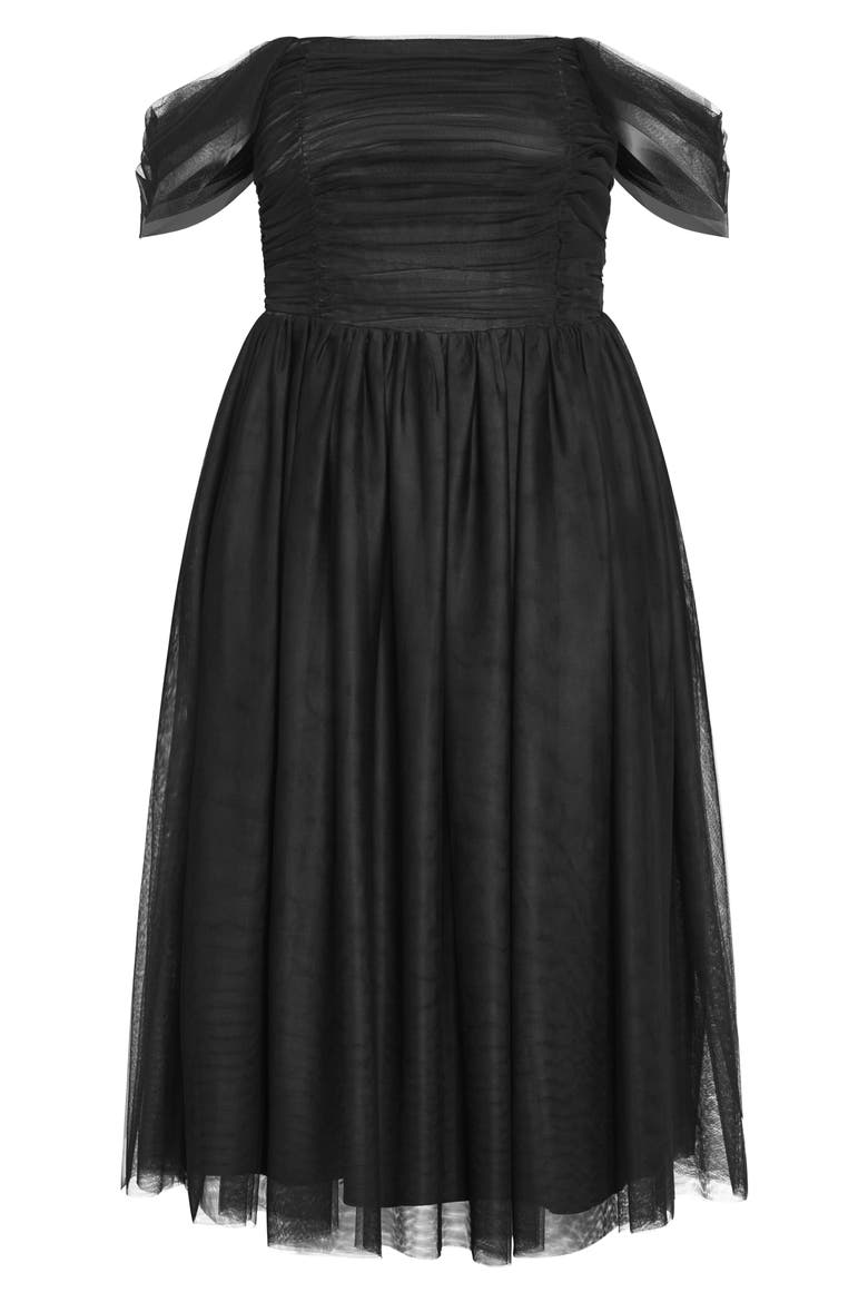 Lulu Off the Shoulder Tulle Midi Dress, Alternate, color, BLACK
