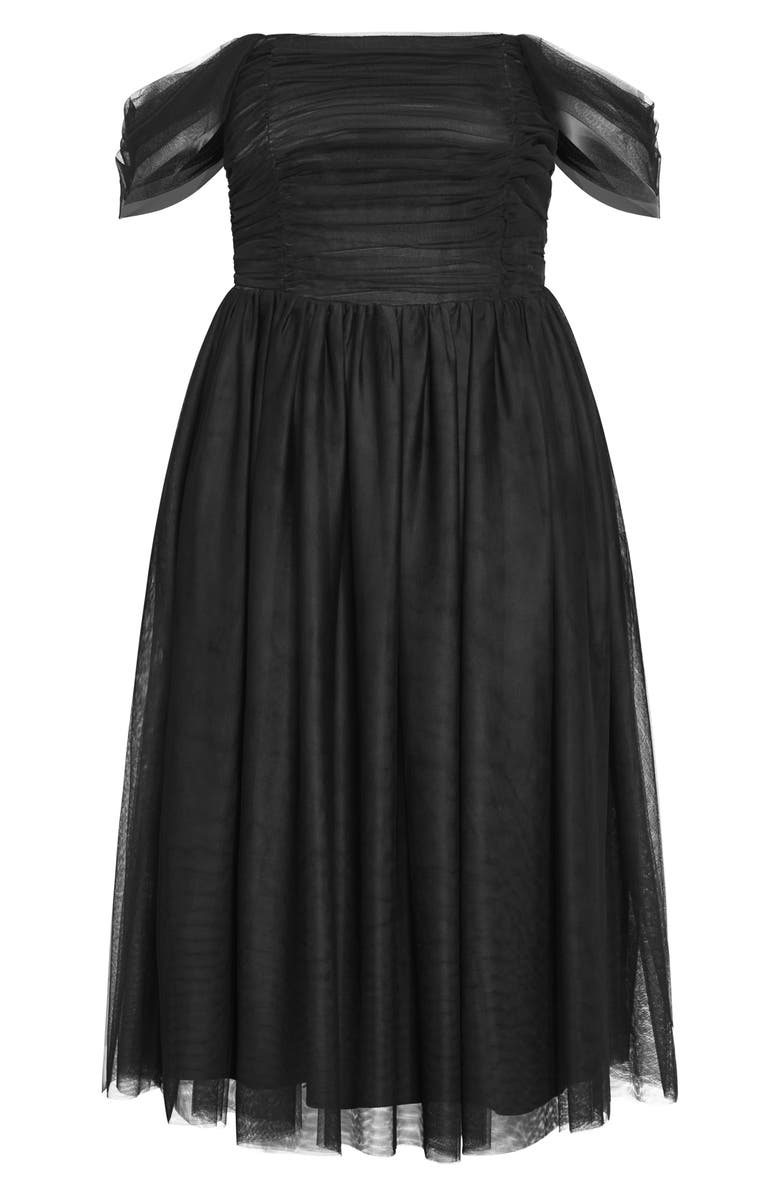 City Chic Lulu Off the Shoulder Tulle Midi Dress, Alternate, color, Black