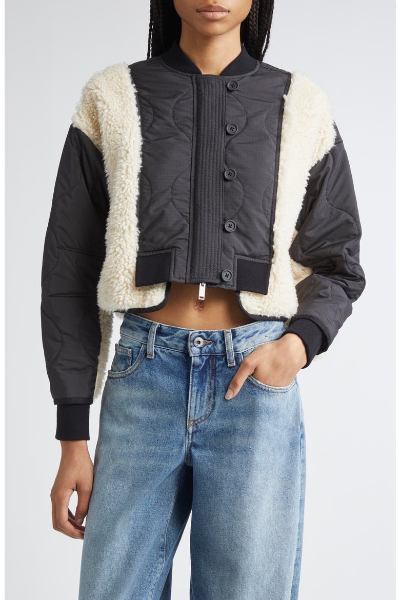 High Pile Fleece Trim Quilted Crop Jacket, Main, color, BLACK-NATURAL