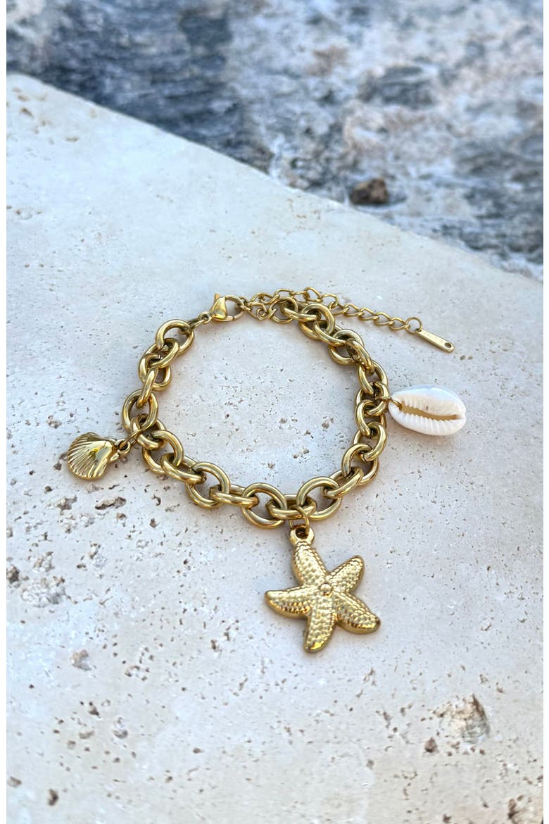 18K Gold Plated Starfish & Shell Charm Bracelet, Alternate, color, GOLD