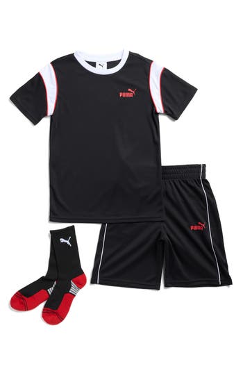 Puma Kids' Interlock Mesh T-shirt, Shorts & Socks Set In Black