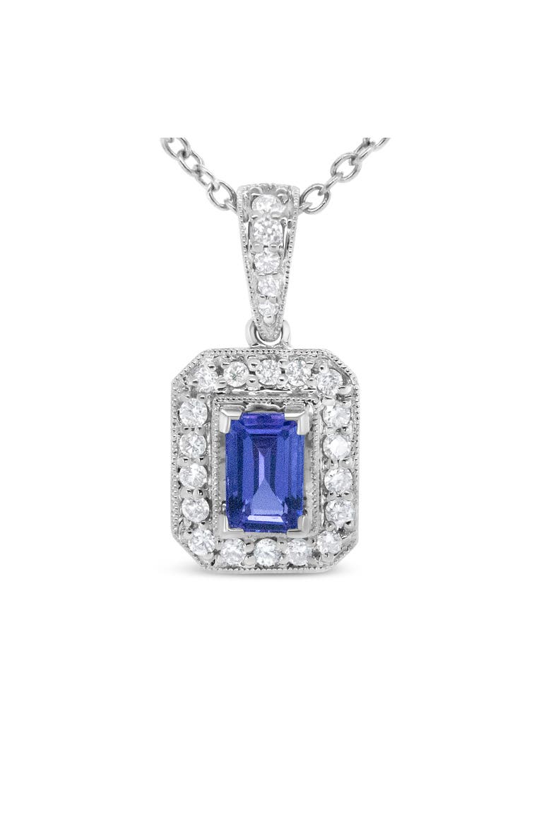 18K White Gold 1/4 Cttw Diamond and 6x4mm Purple Tanzanite Halo Pendant Necklace, Main, color, White