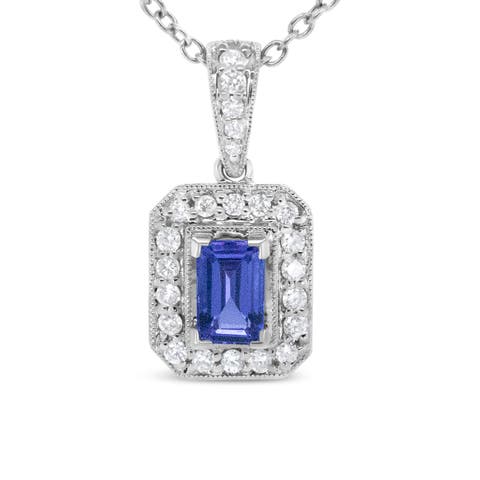 18K White Gold 1/4 Cttw Diamond and 6x4mm Purple Tanzanite Halo Pendant Necklace