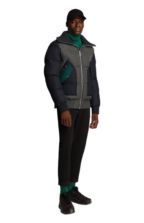 Sebonack Quilted Denim-Look Bomber Jacket with Fold-Over Ribbed Collar