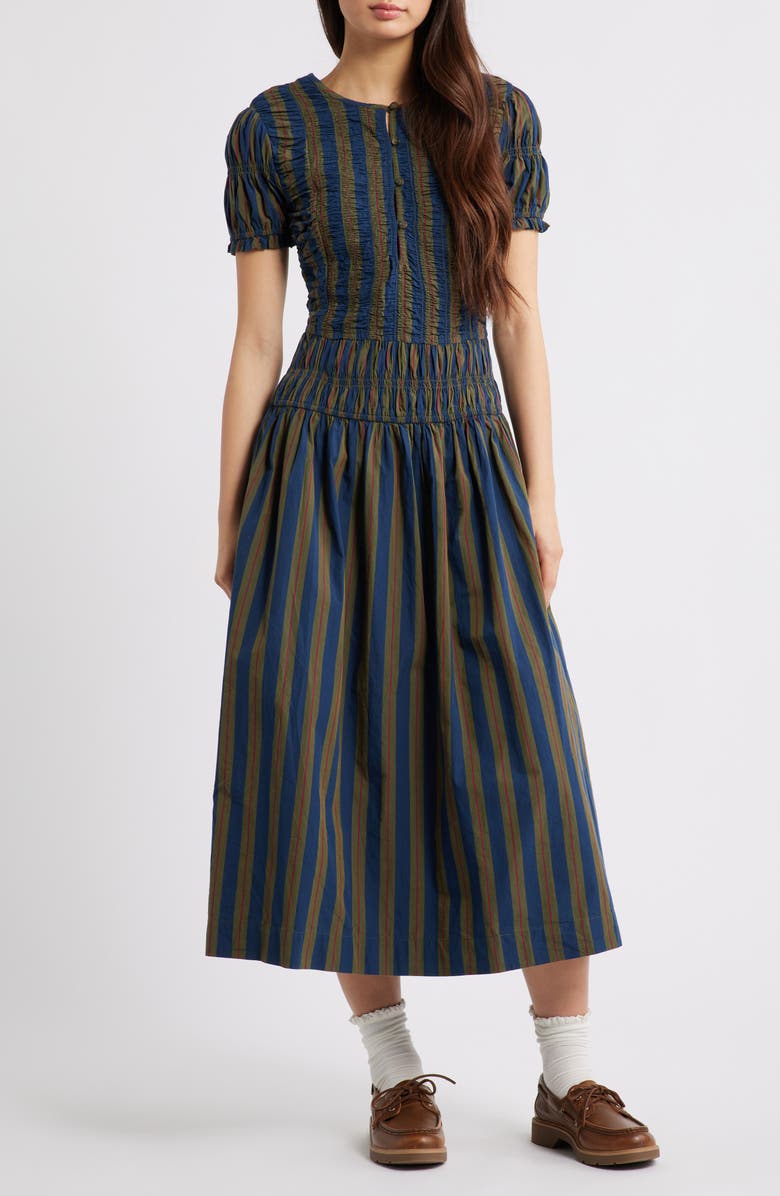 Damson Madder Sienna Stripe Organic Cotton Dress, Main, color, Blue/ Green Multi