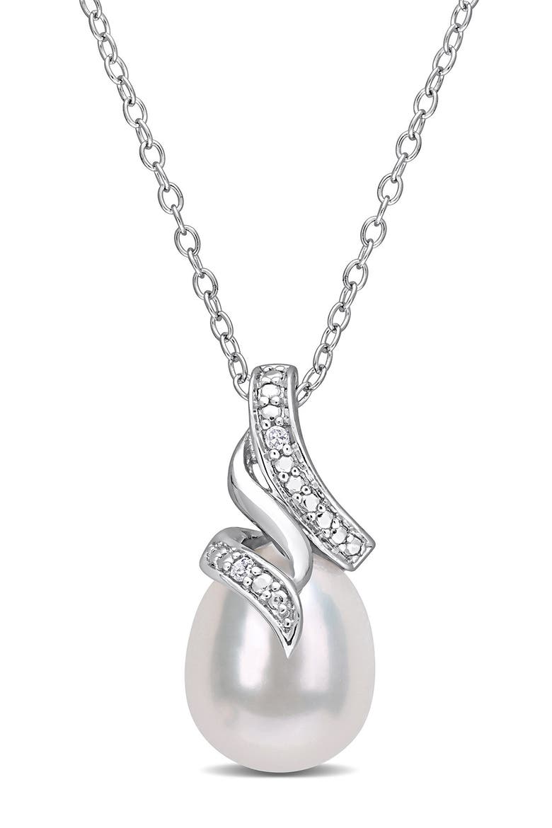 Sterling Silver 9mm Cultured Freshwater Pearl & Diamond Pendant - 0.02 ctw, Main, color, WHITE