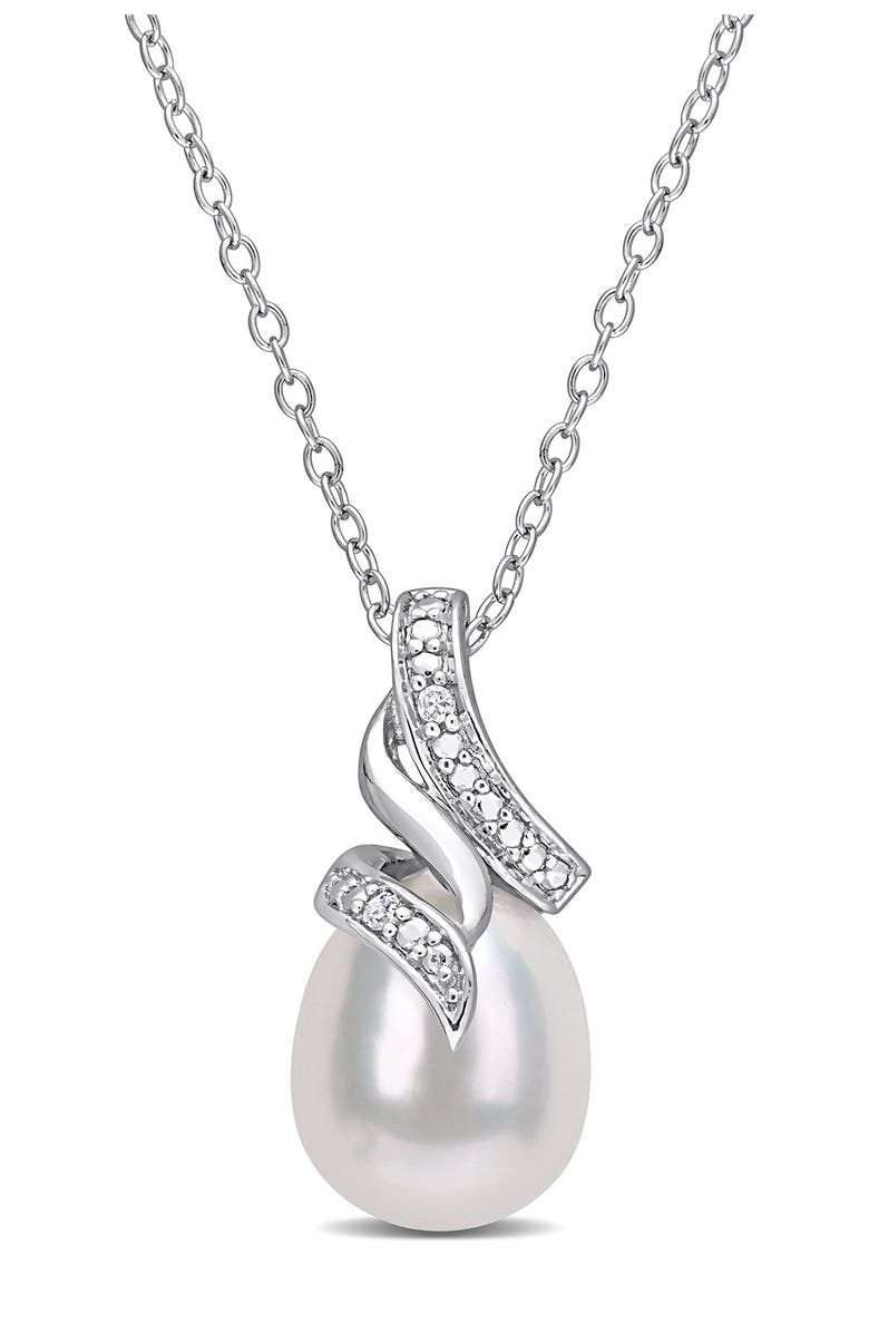 DELMAR Sterling Silver 9mm Cultured Freshwater Pearl & Diamond Pendant - 0.02 ctw, Main, color, 