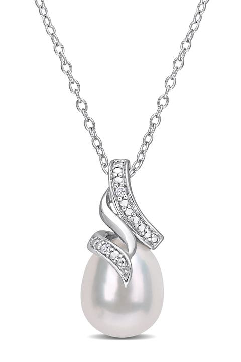 Sterling Silver 9mm Cultured Freshwater Pearl & Diamond Pendant - 0.02 ctw