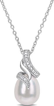 DELMAR Sterling Silver 9mm Cultured Freshwater Pearl & Diamond Pendant - 0.02 ctw