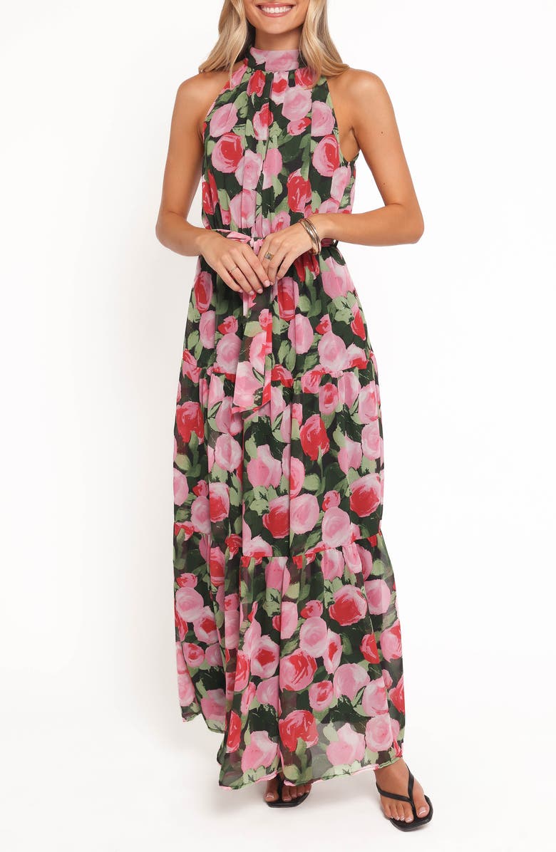 Petal & Pup Caroline Floral Halter Neck Maxi Dress, Main, color, Black Floral