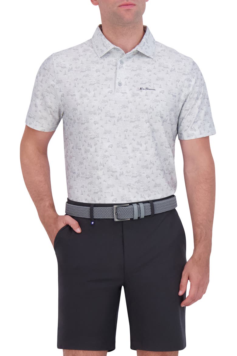 Amalfi Holiday Print Stretch Tech Polo, Main, color, LIGHT GREY