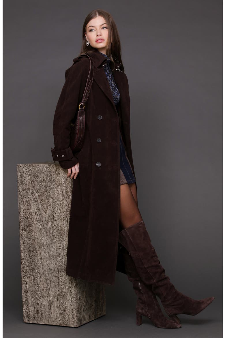 Double Breasted Faux Suede Trench Coat, Alternate, color, CHOCOLATE
