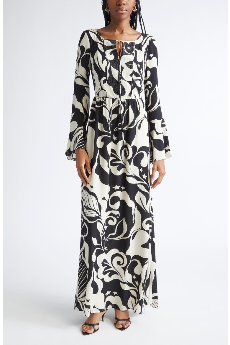 Harlow Leaf Print Long Sleeve Silk Maxi Dress, Main, color, ECRU/ BLACK MULTI