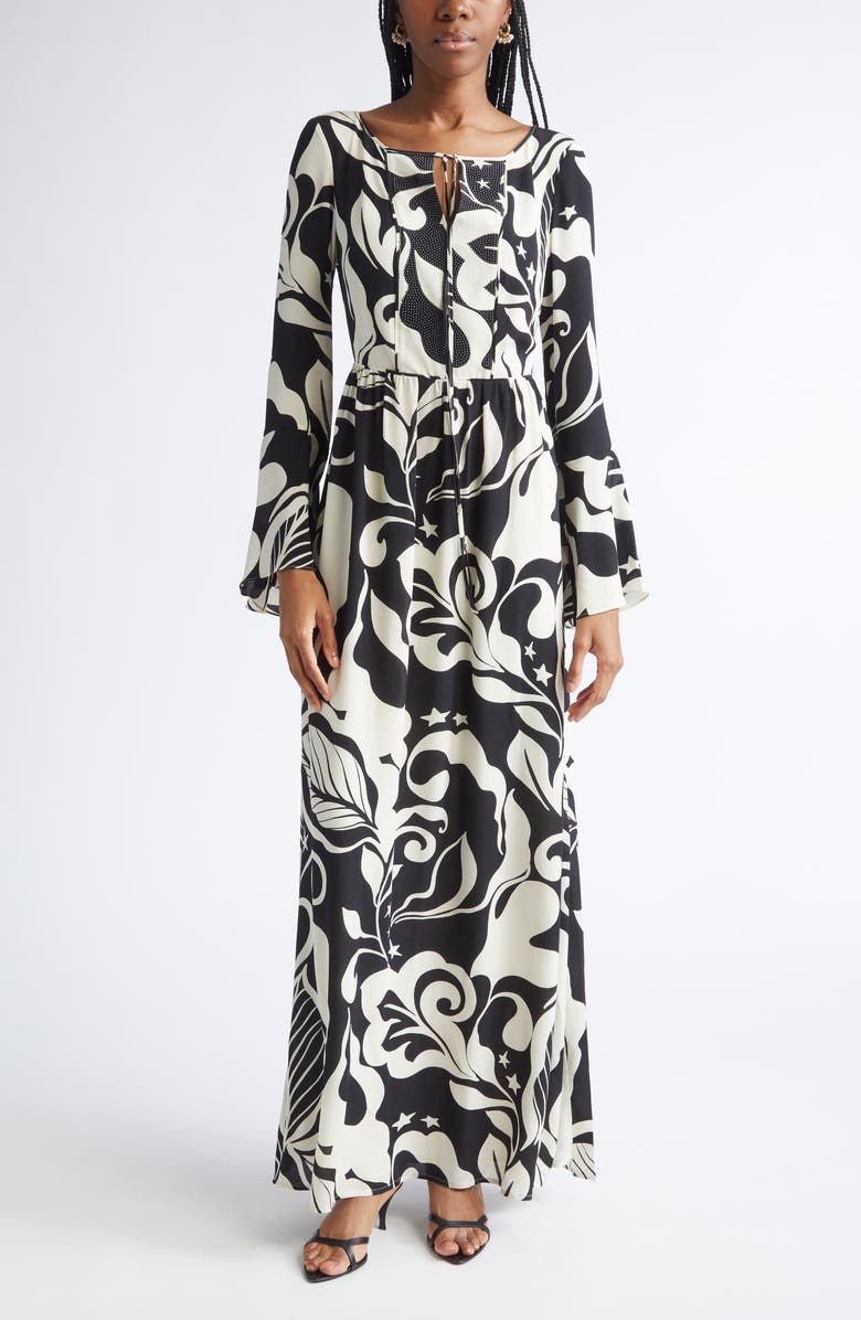 ST. JOHN Harlow Leaf Print Long Sleeve Silk Maxi Dress, Main, color, Ecru/ Black Multi