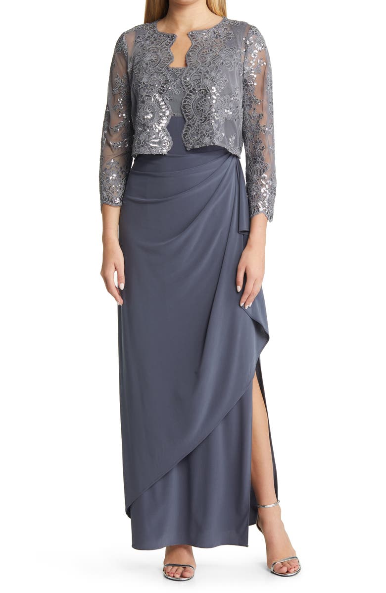 Alex Evenings Embroidered Empire Gown with Jacket, Main, color,