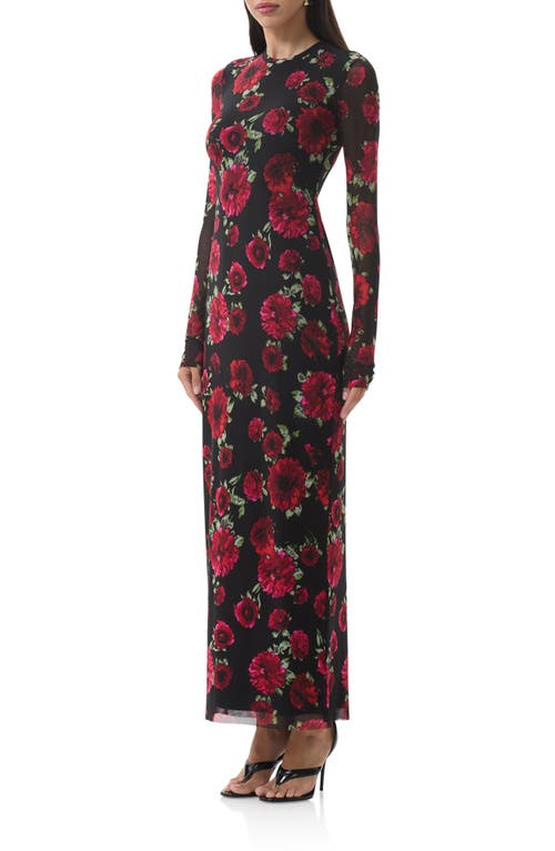 Afrm Didi Printed Long Sleeve Mesh Maxi Dress In Black