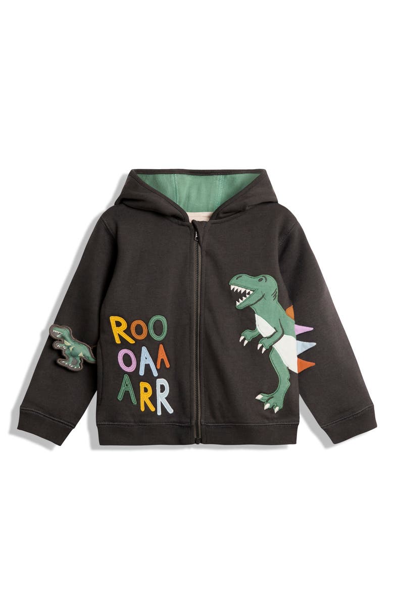 JOJO MAMAN BEBE Kids' T-Rex Appliqué Reversible Cotton Zip-Up Hoodie, Main, color, Charcoal