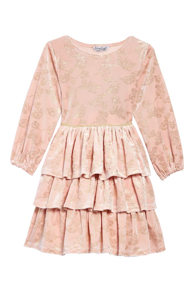 Kids' Metallic Rose Print Velvet Dress, Main, color, BLUSH/ GOLD