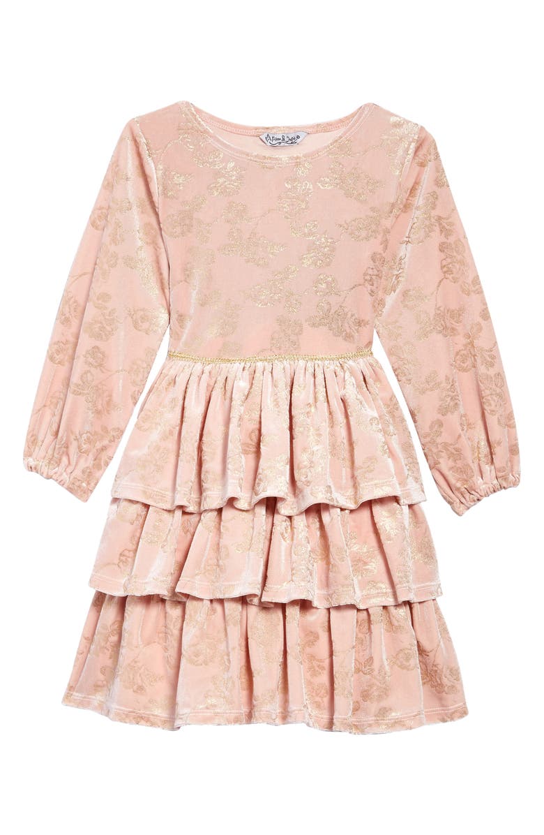 Pippa & Julie Kids' Metallic Rose Print Velvet Dress, Main, color, 