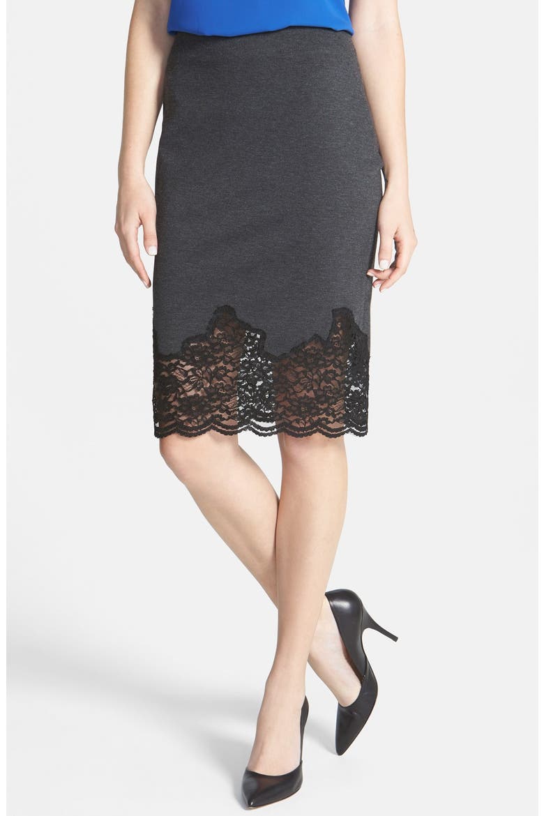 Lace Hem Stretch Ponte Pencil Skirt, Main, color, DARK HEATHER GREY