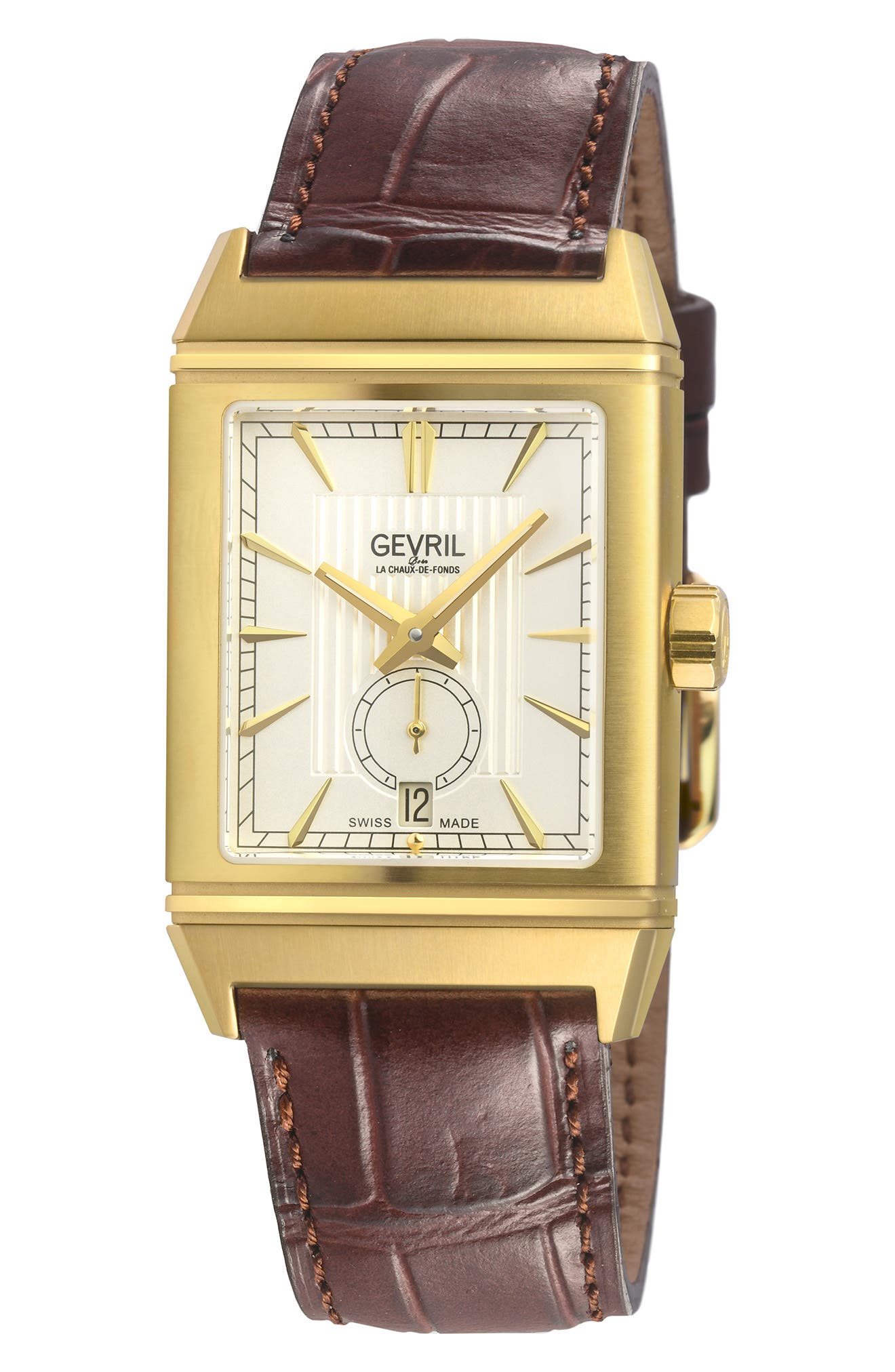 GEVRIL Time Square Swiss Quartz Leather Strap Watch, 31mm x 43mm
