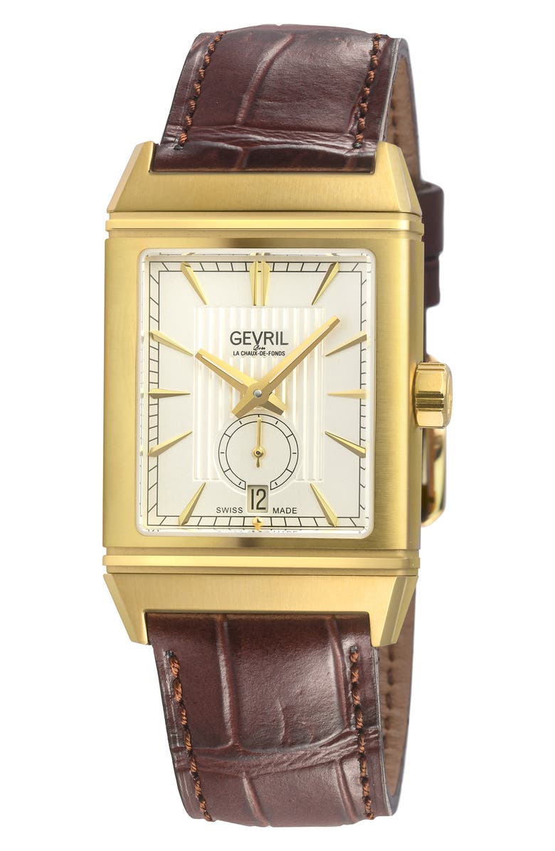 GEVRIL Time Square Swiss Quartz Leather Strap Watch, 31mm x 43mm, Main, color, 