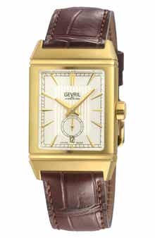 GEVRIL Time Square Swiss Quartz Leather Strap Watch, 31mm x 43mm