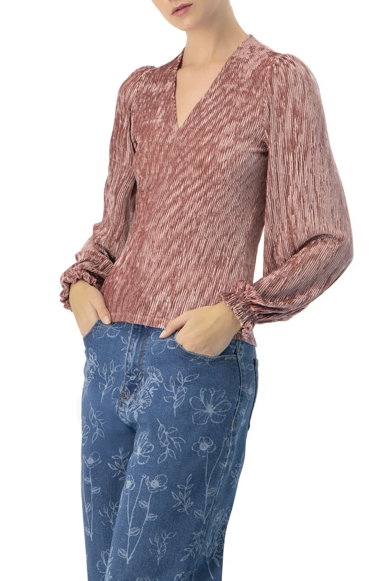 Pleated Velvet V-Neck Blouse, Alternate, color, Dark Pink