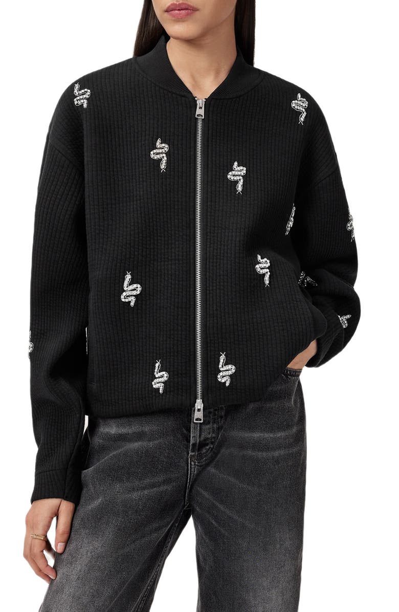 AllSaints Rhea Rhinestone Snake Detail Ribbed Cotton Bomber Jacket, Main, color, Black
