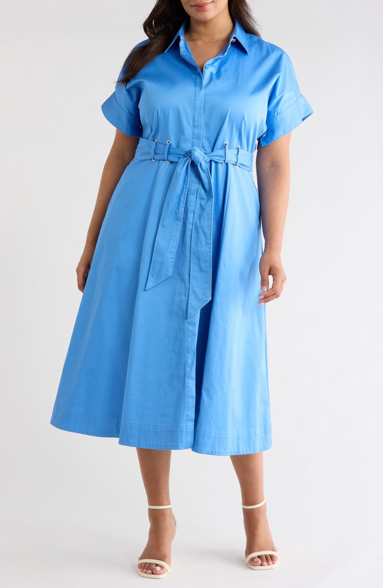 Anne Klein Grommet Detail Belted Stretch Cotton Shirtdress, Main, color, Seaport