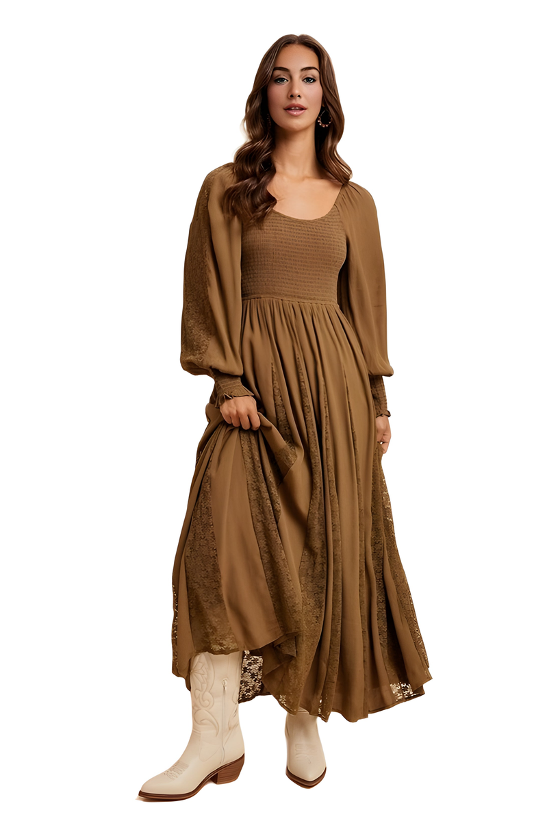 Knit and Lounge Long Sleeve Maxi Dress with Smocked Bodice and Lace Insets, Alternate, color, 