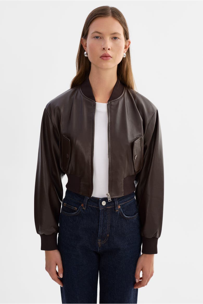 EVELIN | Cropped Faux Leather Bomber Jacket, Main, color, Dark Brown