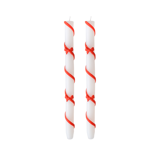 Jollity & Co . Ribbon Bow Taper Candle Set In Red