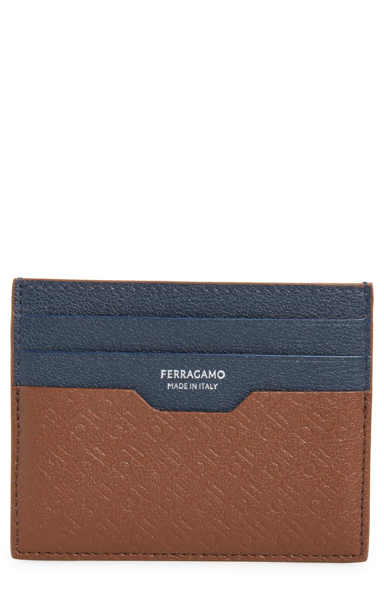 FERRAGAMO Embossed Gancini Leather Card Case, Main, color, Midbrown New Navy Nero