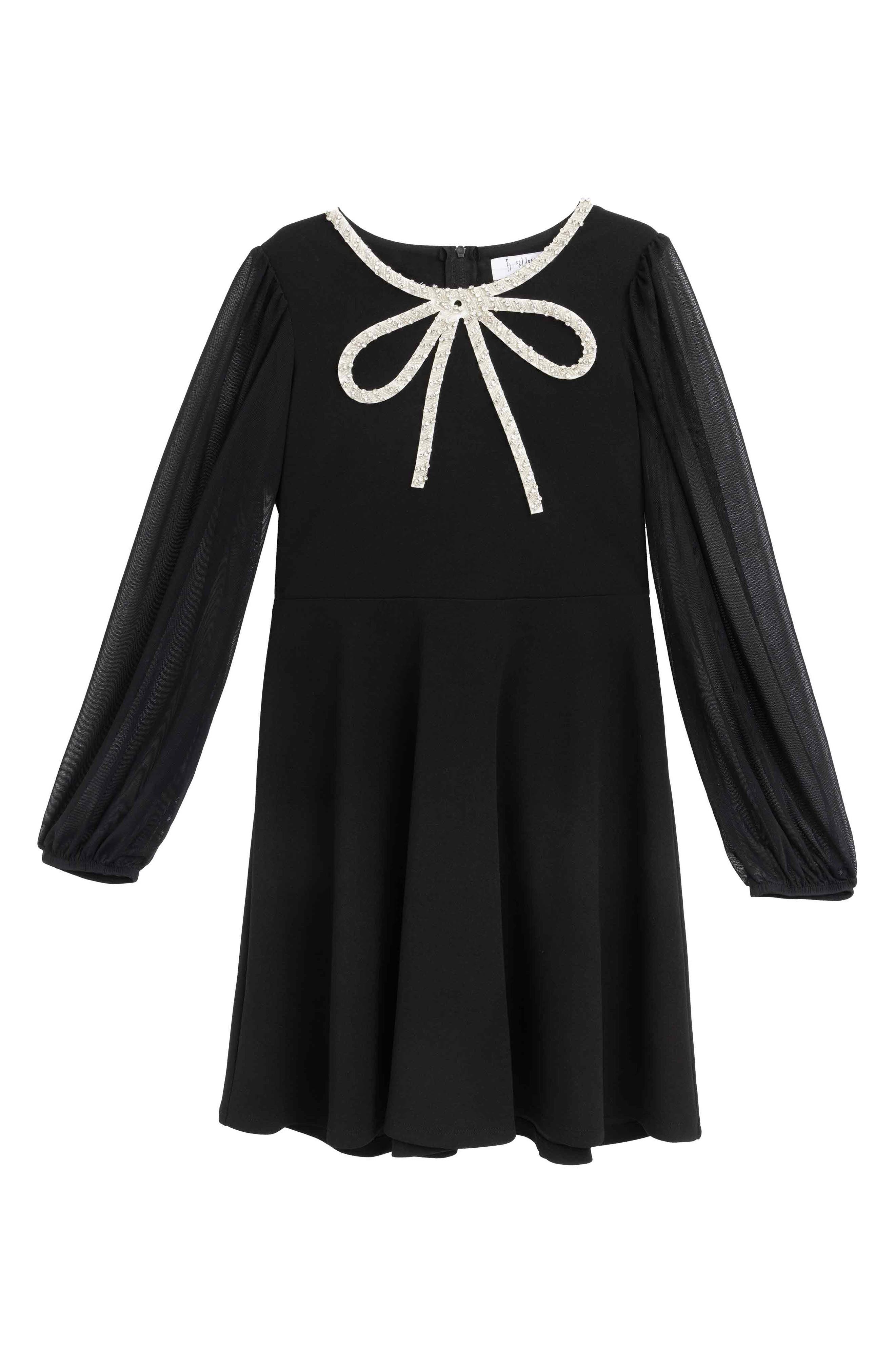 Kids' Beaded Bow Long Sleeve Dress