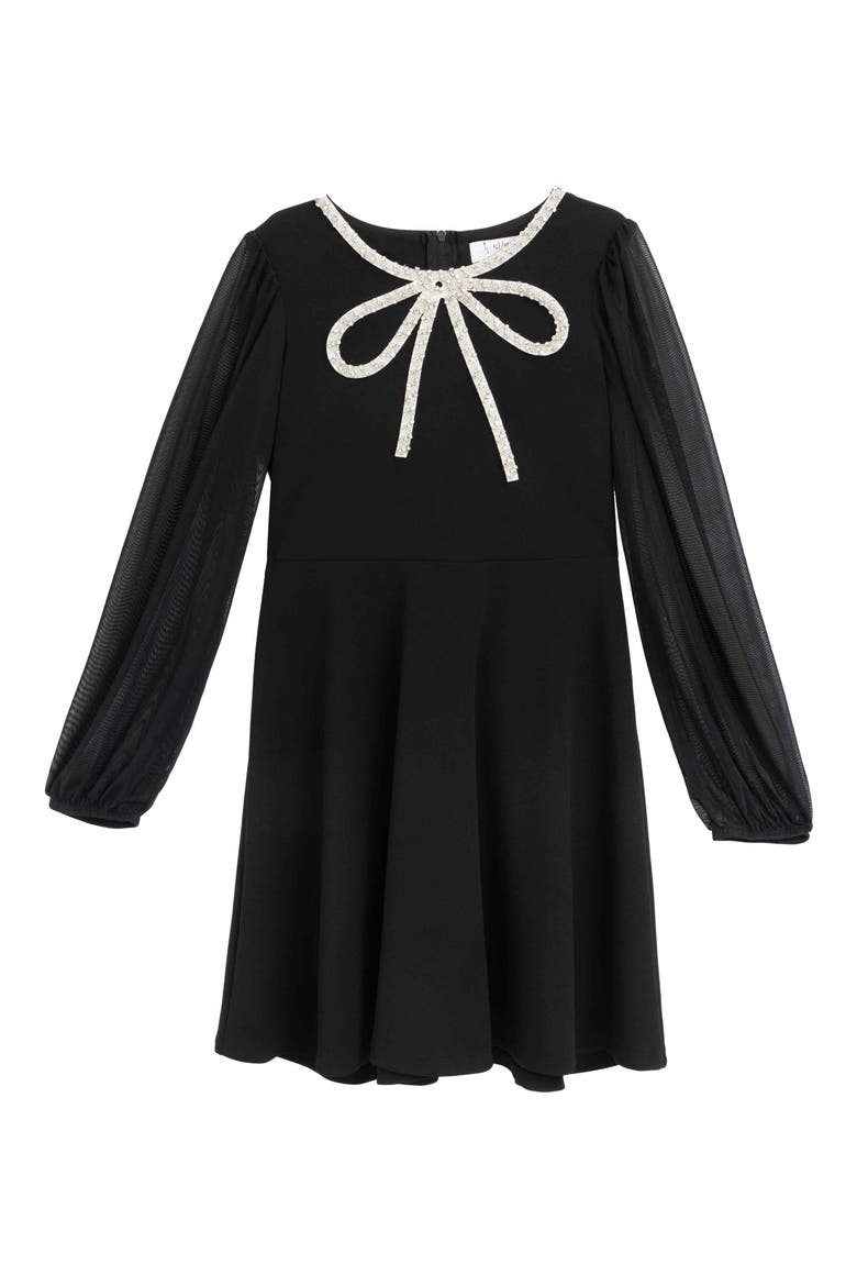 Kids' Beaded Bow Long Sleeve Dress, Main, color, BLACK JM