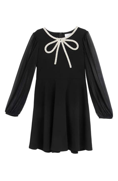 Kids' Beaded Bow Long Sleeve Dress