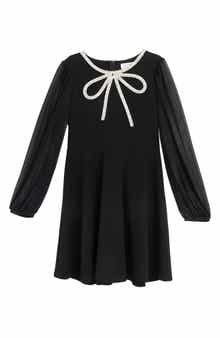 Kids' Beaded Bow Long Sleeve Dress
