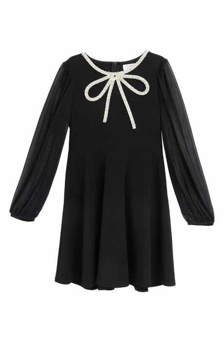 Kids' Beaded Bow Long Sleeve Dress