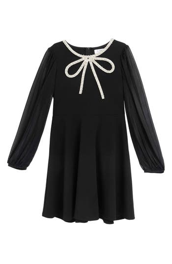 Speechless Kids' Beaded Bow Long Sleeve Dress In Black