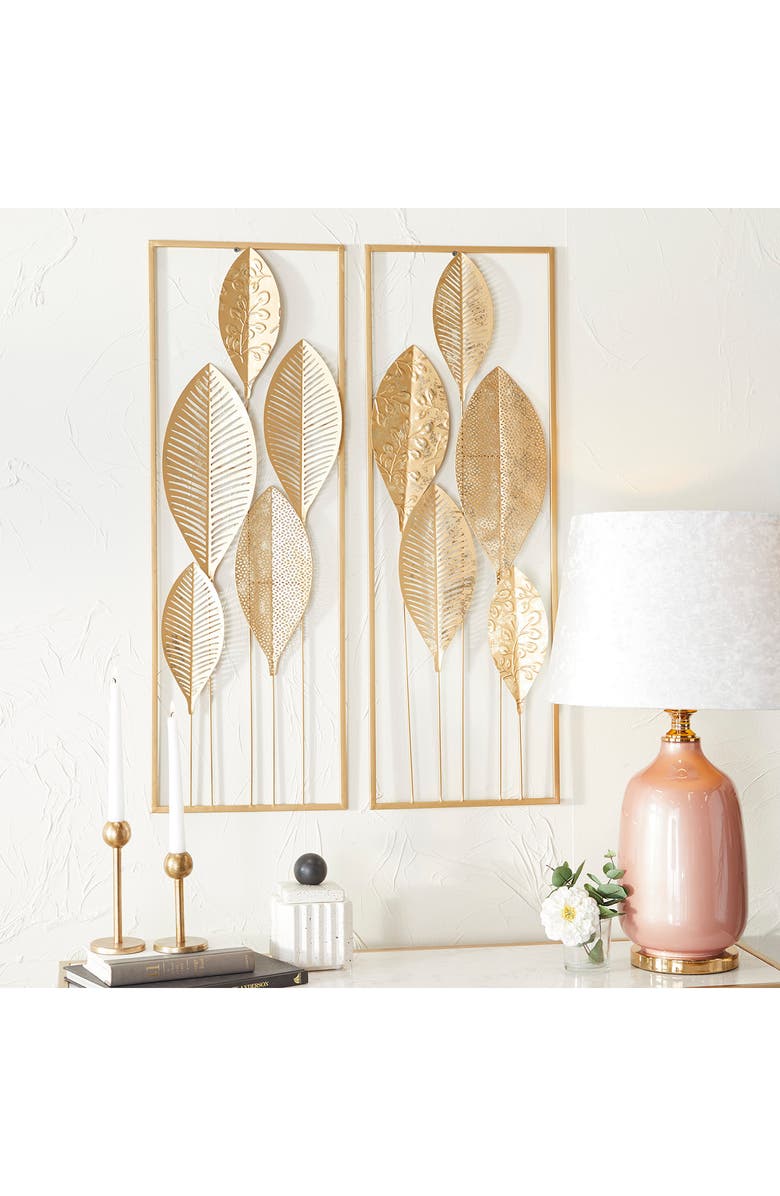 WILLOW ROW Goldtone Metal Tall Cutout Leaf Wall Decor with Frame - Set of 2, Alternate, color, Gold