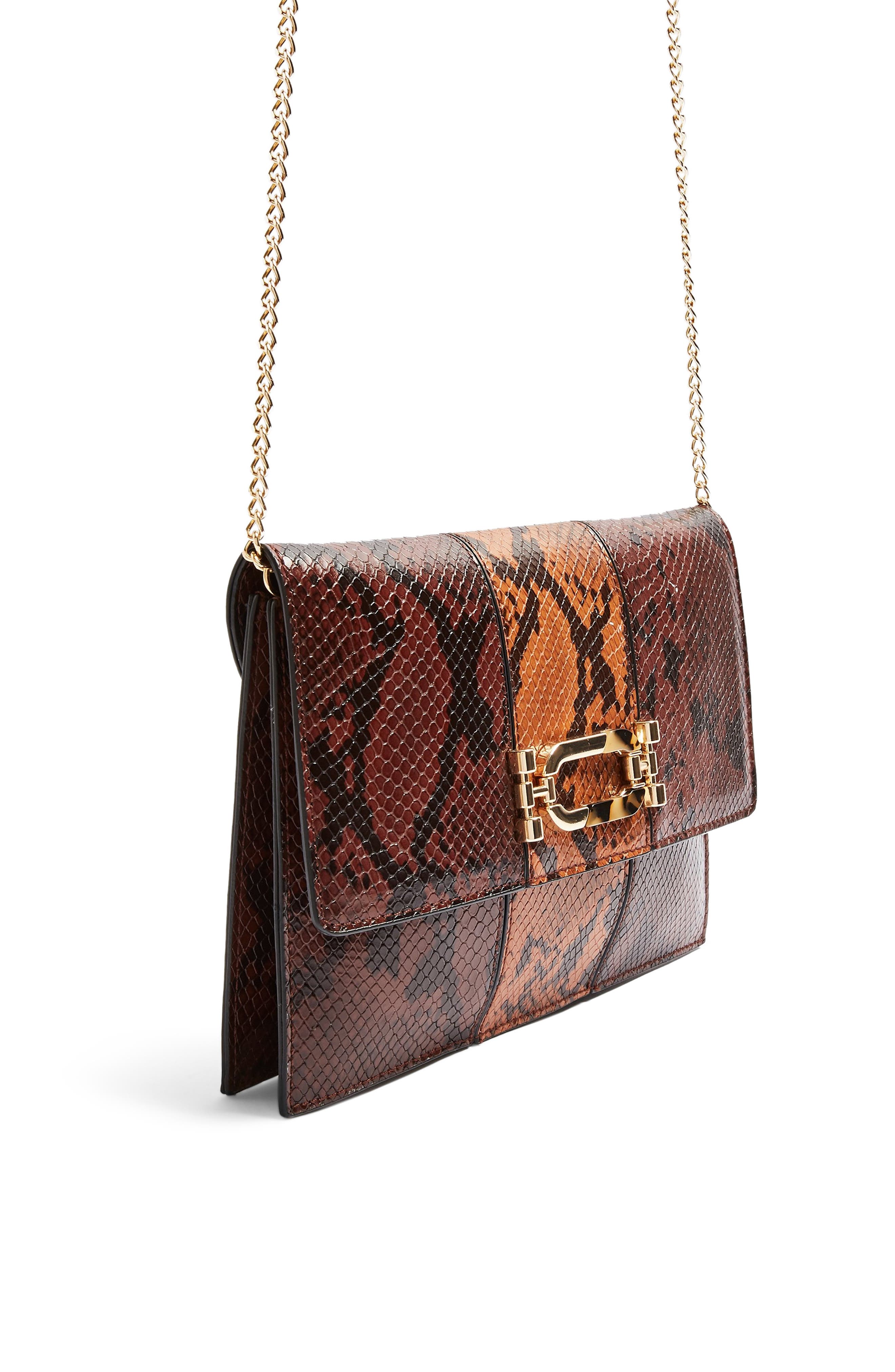 Topshop Snake Embossed Convertible Faux Leather Clutch, Alternate, color, 