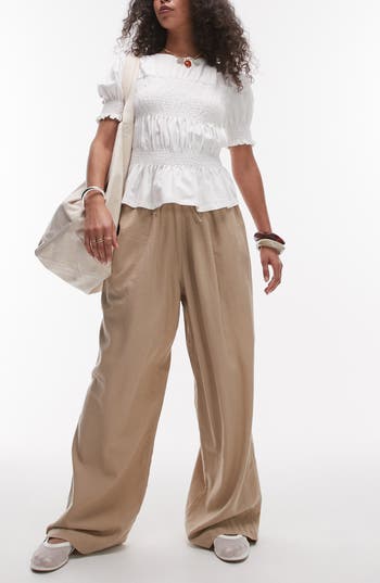 Topshop Linen Blend Drawstring Pants In Gray