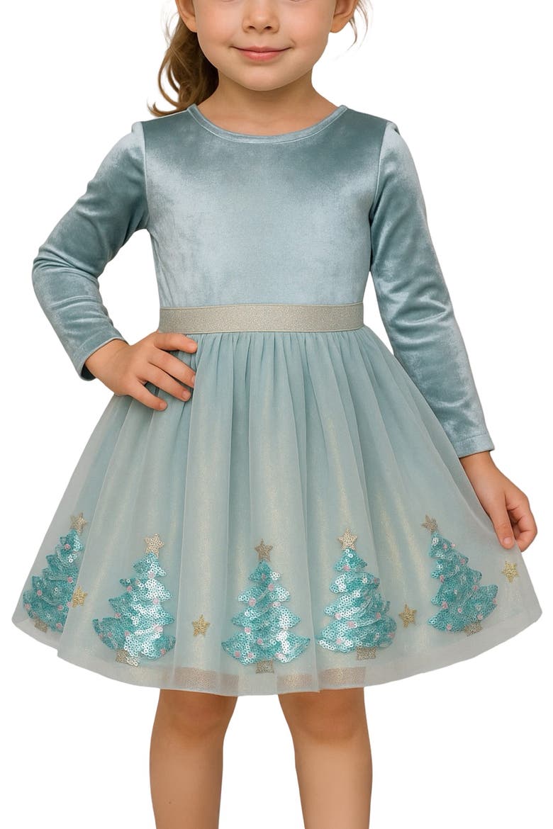 Kids' Long Sleeve Crushed Velvet & Mesh Party Dress, Alternate, color, SAGE