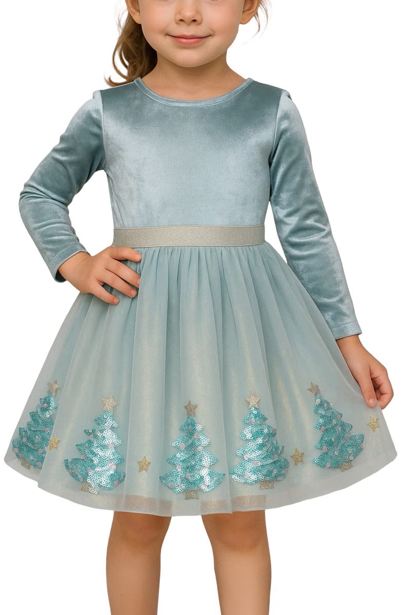 Zunie Kids' Long Sleeve Crushed Velvet & Mesh Party Dress, Alternate, color, Sage