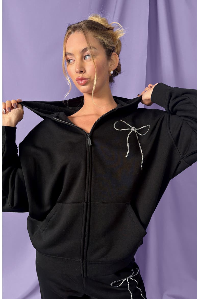 Crystal Bow Front Zip Hoodie, Alternate, color, BLACK