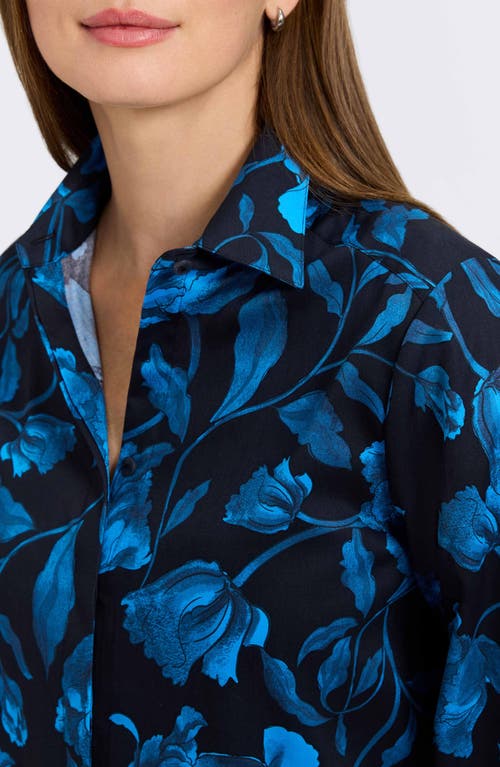 Foxcroft Olivia Floral Smocked Cuff Cotton Button-up Shirt In Blue