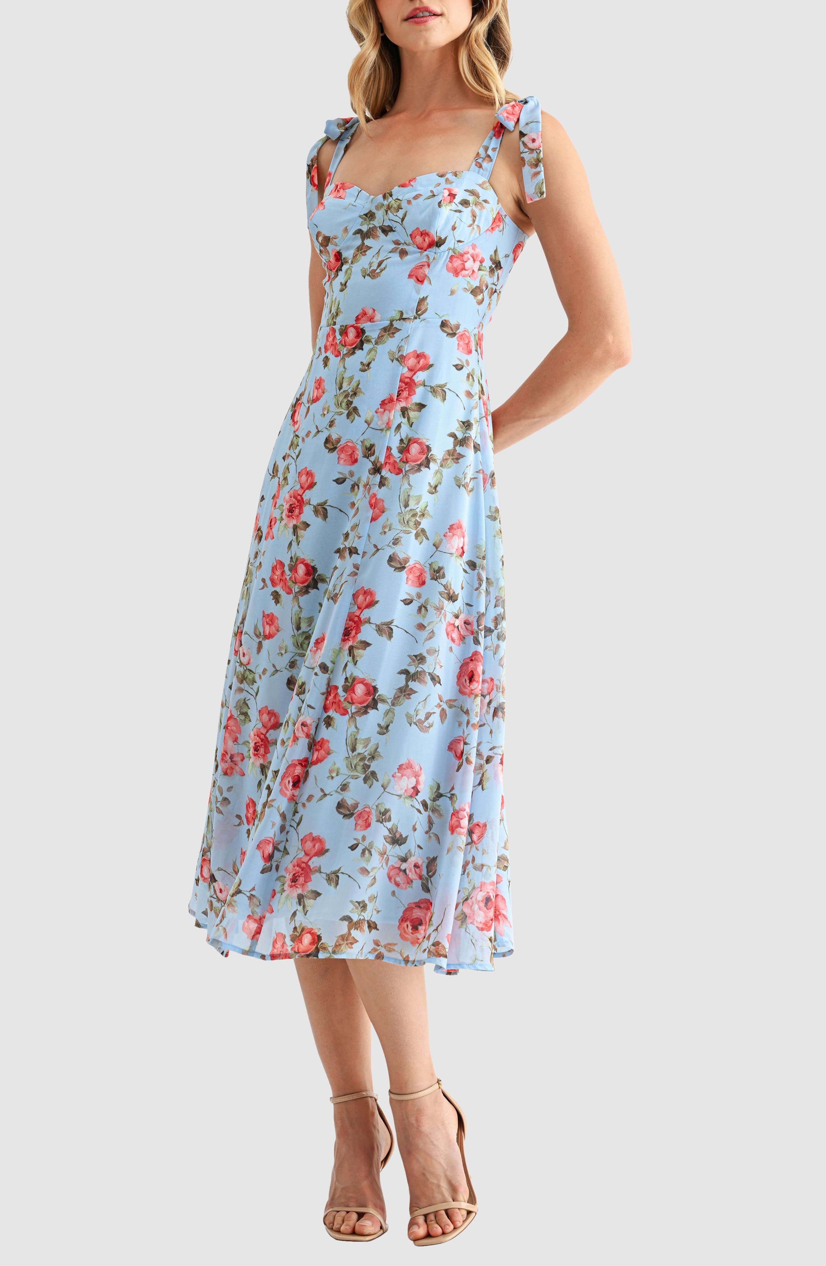 tie strap midi dress Floral blue toile Mine Tie Shoulder Floral Tile