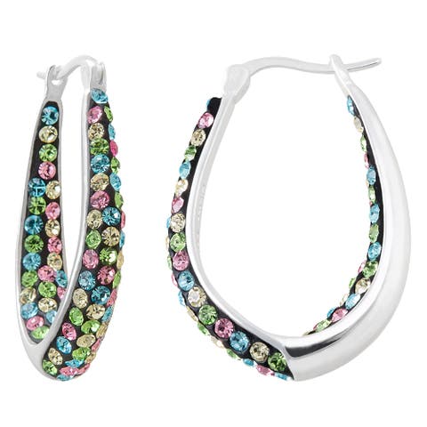 Multi-color Crystal Inside Out Oval Shape Hoop Earrings, Silver Plated, 1.2"